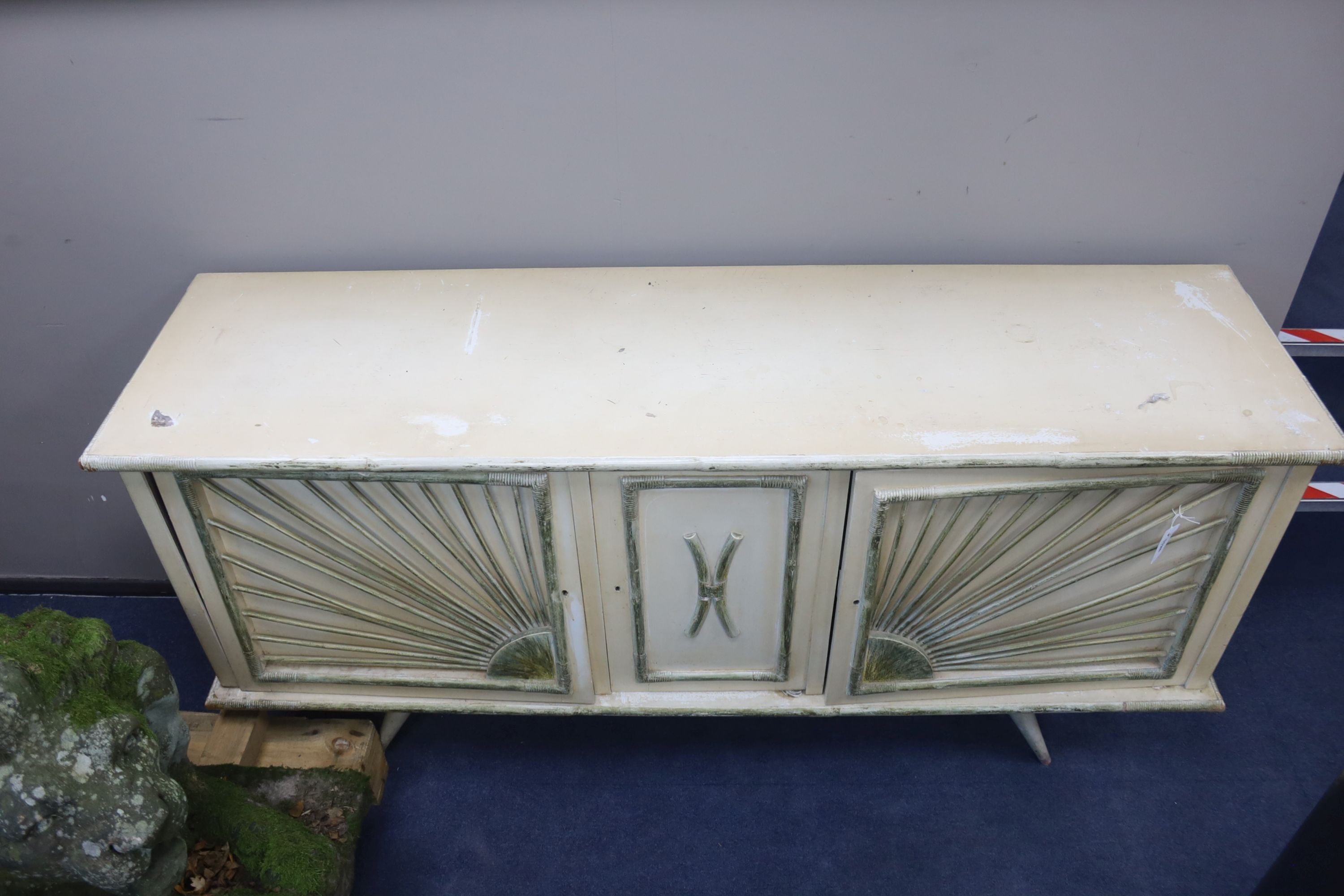 A 1950's French sideboard, length 180cm, depth 49cm, height 87cm